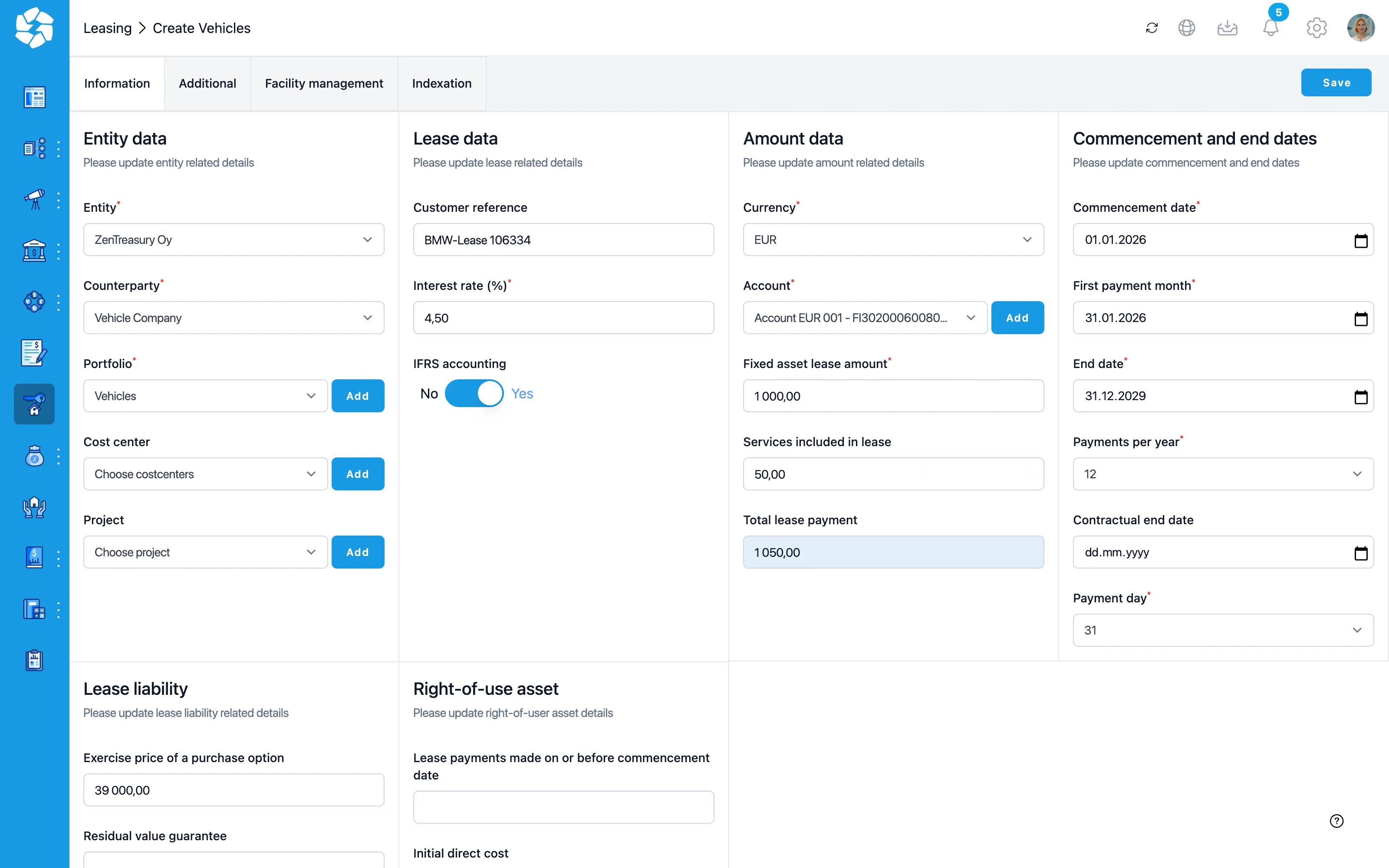ZenTreasury lease entry form generating the IFRS 16 schedule from contract terms