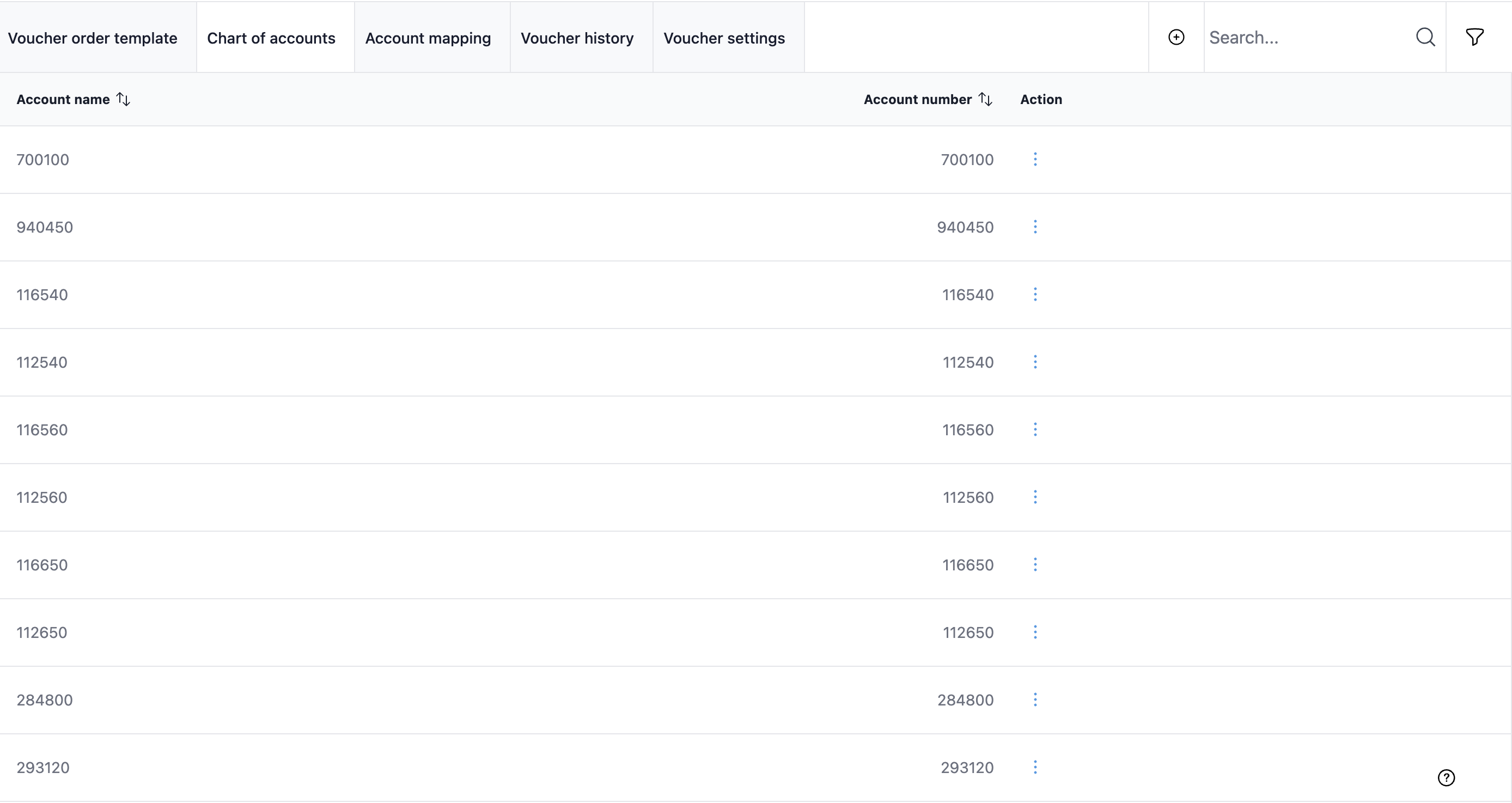 Chart of accounts register in ZenTreasury's Accounting Module